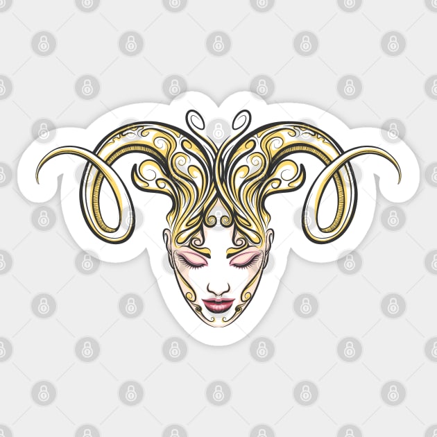 Girl with horns of a ram drawn in tattoo style Sticker by devaleta